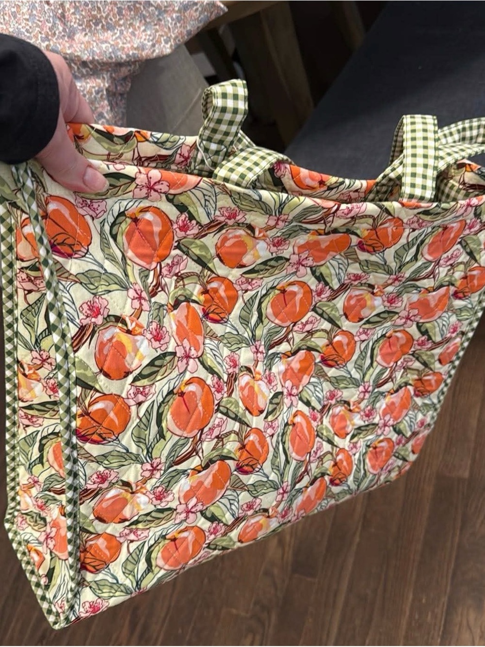 Peach Print Tote Bag with Green Check Handles